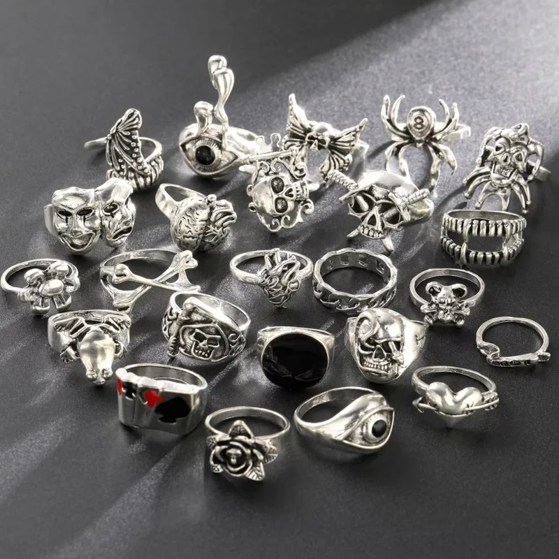 Drippy Girl 24-Piece Punk Gothic Rings Set | Silver Skeleton, Spider, & Poker Designs for Men | Hip Hop Jewelry - Image 2